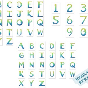 May include: A set of alphabet letters and numbers in a blue and green watercolor style. The letters and numbers are outlined in white and have a gradient of blue and green colors. The letters and numbers are arranged in two rows, with the letters in the top row and the numbers in the bottom row.