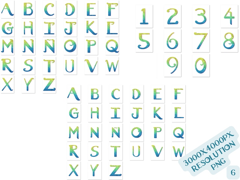 May include: A set of alphabet letters and numbers in a blue and green watercolor style. The letters and numbers are outlined in white and have a gradient of blue and green colors. The letters and numbers are arranged in two rows, with the letters in the top row and the numbers in the bottom row.