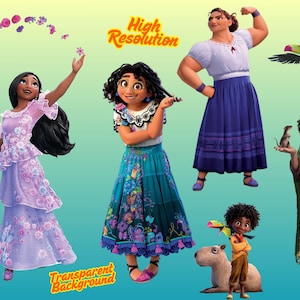 May include: A digital illustration featuring five characters from the movie Encanto, including Isabela, Mirabel, Luisa, Antonio, and Bruno, along with a toucan, a capybara, and a rat. The text High Resolution and Transparent Background is visible.