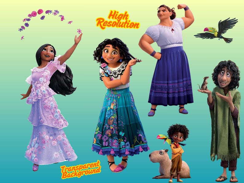 May include: A digital illustration featuring five characters from the movie Encanto, including Isabela, Mirabel, Luisa, Antonio, and Bruno, along with a toucan, a capybara, and a rat. The text High Resolution and Transparent Background is visible.