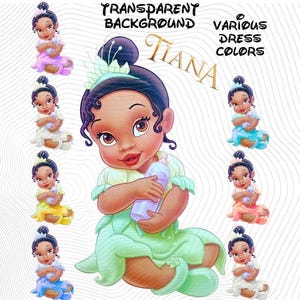 May include: Digital illustration of a baby girl in a green dress holding a bottle, with the name "Tiana" in gold script. The image includes variations of the baby in different dress colors, with the text "Transparent Background" and "Various Dress Colors".