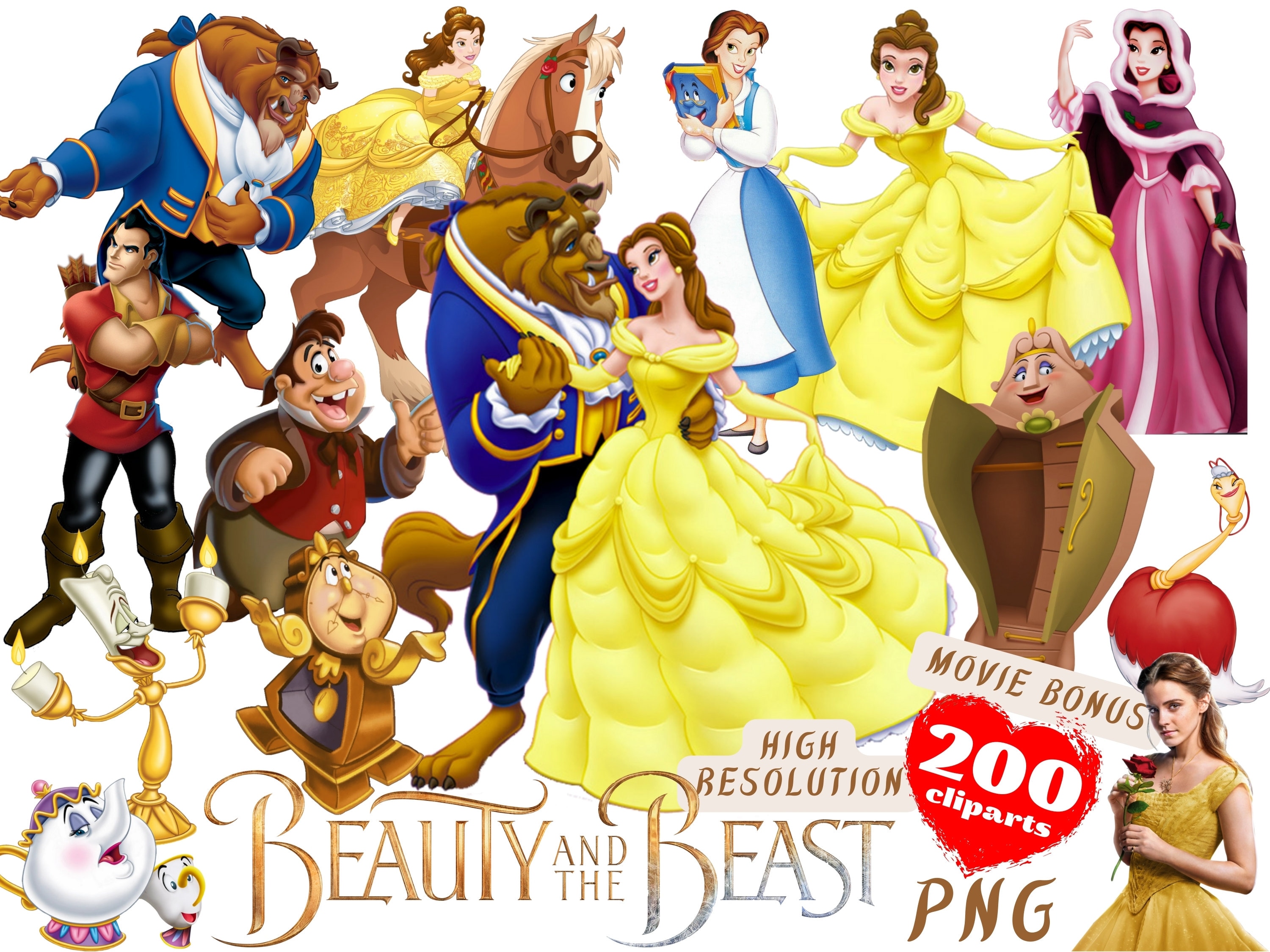 Beauty and the Beast PNG Cliparts Bundle, Beauty and the Beast PNG Cartoon Sublimation Cliparts, Beauty and the Beast Belle Themed Clip Arts