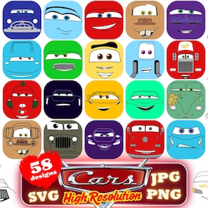 Cars Faces SVG Cliparts Bundle, Cars Tshirt Design Cartoon Cliparts, Cars Sublimation Lightning McQueen Tow Mater Cliparts Bundle (Digital)