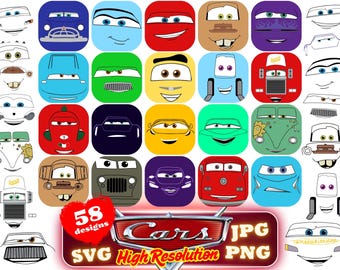 Cars Faces SVG Cliparts Bundle, Cars Tshirt Design Cartoon Cliparts, Cars Sublimation Lightning McQueen Tow Mater Cliparts Bundle (Digital)