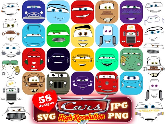 Cars Faces SVG Cliparts Bundle, Cars Tshirt Design Cartoon Cliparts, Cars Sublimation Lightning McQueen Tow Mater Cliparts Bundle (Digital)