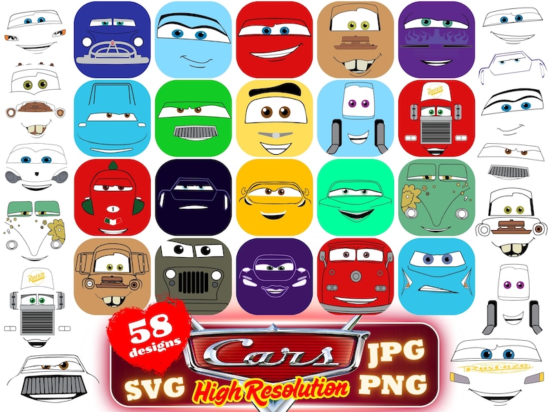 Cars Faces SVG Cliparts Bundle, Cars Tshirt Design Cartoon Cliparts, Cars Sublimation Lightning McQueen Tow Mater Cliparts Bundle (Digital) image 1