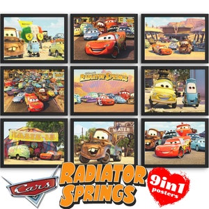 Radiator Springs Cars Disney Set mit 9 Wandkunst Postern, Autos digital druckbare Kunst, Autos Lightning McQueen, Tow Mater, Guido, Luigi Poster