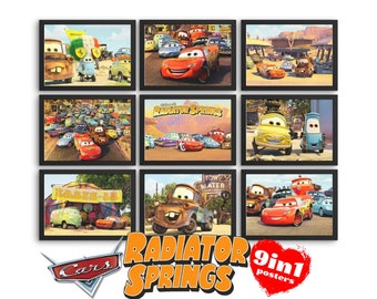 Conjunto de 9 pósteres de Cars Disney de Radiator Springs, arte digital imprimible de Cars, pósteres de Rayo McQueen, Mater, Guido y Luigi