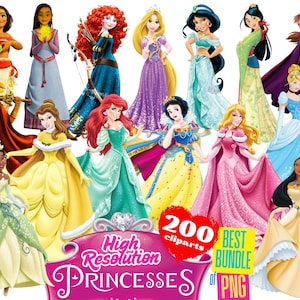 Pacchetto di clipart PNG di principesse, clipart di cartoni animati PNG di principesse in sublimazione, raccolta di tutti i pacchetti di clip PNG a tema film di compleanno di principesse
