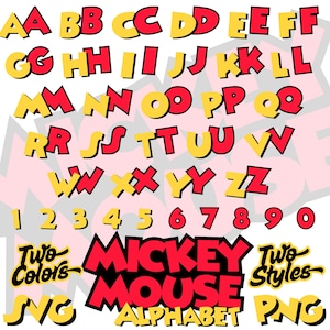 Mickey Mouse alfabet lettertype SVG, Mickey Mouse png cartoon clipart voor sublimatie, Mickey Mouse film thema lettertype letters en cijfers SVG