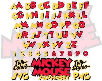 Mickey Mouse Alphabet Font SVG, Mickey Mouse PNG Cartoon Cliparts for Sublimation, Mickey Mouse Movie Themed Font Letters and Numbers SVG