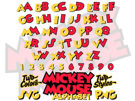 Mickey Mouse Alphabet Font SVG, Mickey Mouse PNG Cartoon Cliparts for Sublimation, Mickey Mouse Movie Themed Font Letters and Numbers SVG