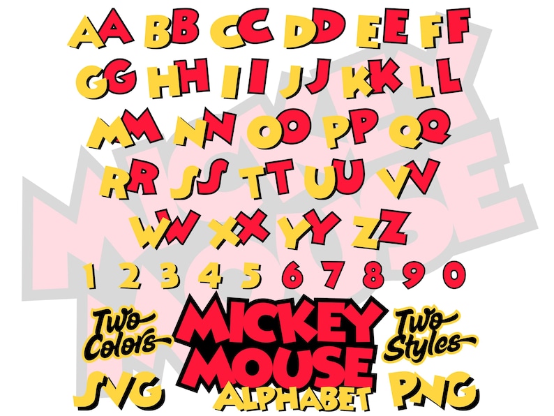 Alphabet polices SVG Mickey Mouse, cliparts de dessin animé PNG Mickey Mouse pour sublimation, lettres et chiffres SVG sur le thème du film Mickey Mouse image 1