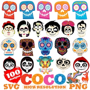 Paquete de imágenes prediseñadas de iconos SVG de Coco, paquete de sublimación de Coco, imágenes prediseñadas de fiesta de cumpleaños temáticas de películas de dibujos animados de Coco png, paquete de colección Coco SVG