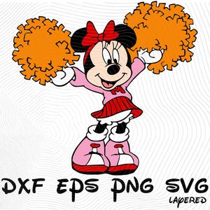 May include: A cartoon illustration of a red and white cheerleader with black hair, a red bow, and pink shoes. She is holding two orange pom-poms.