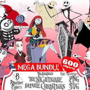 Tim Burton's The Nightmare Before Christmas SVG PNG Cliparts Mega Bundle, Nightmare Cartoon Sublimation Cliparts, Nightmare Before Christmas