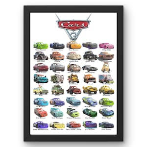 Peut inclure: Une affiche colorée représentant les personnages du film Cars 3. L'affiche présente une variété de voitures, dont Flash McQueen, Martin et Cruz Ramirez. L'affiche est encadrée en noir.