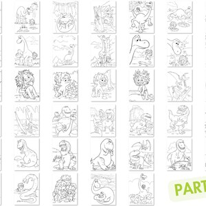 May include: A set of 36 black and white coloring pages featuring dinosaurs and cave people. The pages are designed for children to color in.  PART 2 is written in green at the bottom of the page.