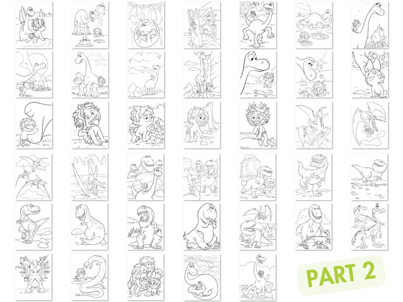 May include: A set of 36 black and white coloring pages featuring dinosaurs and cave people. The pages are designed for children to color in.  PART 2 is written in green at the bottom of the page.