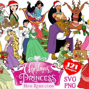 Princesses SVG Cliparts Bundle, Princesses PNG Cartoon Sublimation Cliparts Snow White, Aurora, Tiana, Belle, Ariel, Cinderella, Jasmine SVG