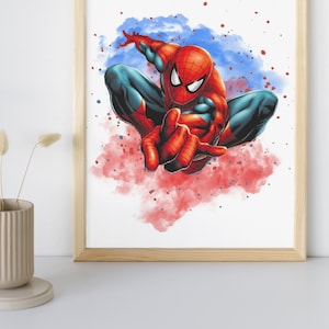 Puede incluir: Una ilustraci&oacute;n digital de Spiderman con un traje rojo y azul, balance&aacute;ndose en el aire con un fondo de acuarela rojo y azul.
