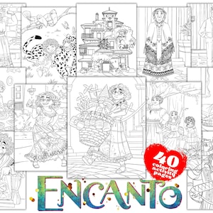 May include: A set of 40 black and white coloring pages featuring characters from the animated film Encanto. The pages include images of the main characters, including Mirabel, Bruno, and Abuela. The pages are perfect for kids of all ages who love to color.