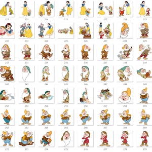 May include: A collection of digital illustrations featuring Snow White and the seven dwarfs in various poses and activities, organised in a grid format with each individual image labelled with a numerical identifier ranging from 211 to 280.