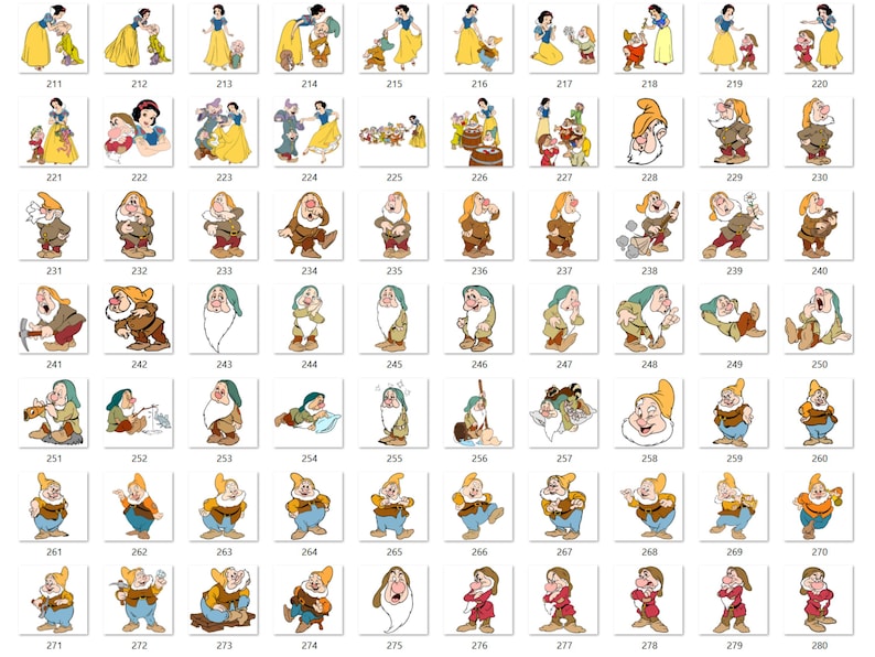 May include: A collection of digital illustrations featuring Snow White and the seven dwarfs in various poses and activities, organised in a grid format with each individual image labelled with a numerical identifier ranging from 211 to 280.