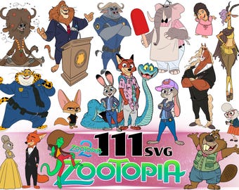 Puede incluir: Una colección digital de ilustraciones de personajes de Zootopia con varios animales en diversos atuendos y poses, incluyendo un zorro, un conejo, un elefante y un león. El gráfico incluye el texto 111 SVG ZOOTOPIA 2 en letras llamativas y coloridas.