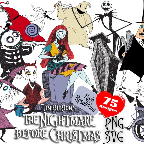 Tim Burton's The Nightmare Before Christmas SVG png Cliparts Bundle, Nightmare SVG Cartoon Sublimation Cliparts, Nightmare Before Christmas