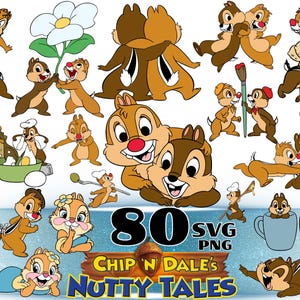Puede incluir: Una colección digital de 80 ilustraciones gráficas SVG y PNG con Chip y Dale en varias poses, incluyendo horneando, sosteniendo flores e interactuando con bellotas. El texto dice 80 SVG PNG Chip 'N' Dale's NUTTY TALES.