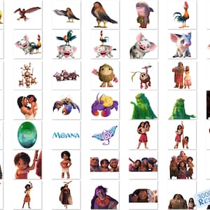 Op de afbeelding: Een verzameling kleurrijke cartoonfiguren uit de animatiefilm Moana. De personages omvatten Maui, Moana, Pua het varken, Hei Hei de haan en de halfgod Maui. De personages worden afgebeeld in verschillende poses en uitdrukkingen.