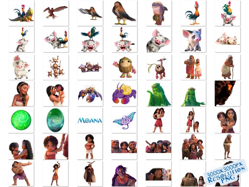 Op de afbeelding: Een verzameling kleurrijke cartoonfiguren uit de animatiefilm Moana. De personages omvatten Maui, Moana, Pua het varken, Hei Hei de haan en de halfgod Maui. De personages worden afgebeeld in verschillende poses en uitdrukkingen.