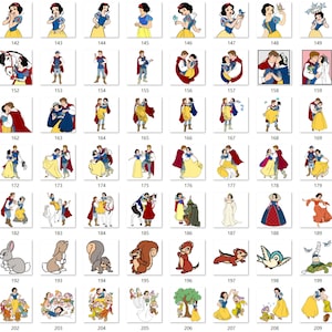 May include: A collection of numbered digital illustrations featuring Snow White, the Prince, and various forest animals in colourful outfits. The images depict various scenes including dancing, interacting with wildlife, and group poses with seven dwarfs.