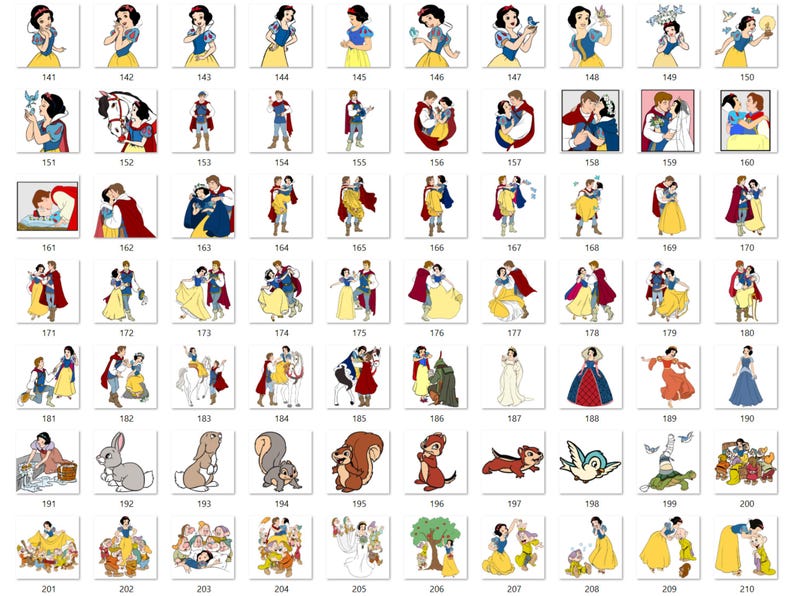 May include: A collection of numbered digital illustrations featuring Snow White, the Prince, and various forest animals in colourful outfits. The images depict various scenes including dancing, interacting with wildlife, and group poses with seven dwarfs.