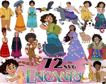 Puede incluir: Una colección de ilustraciones digitales con personajes de la película Encanto, incluyendo personas con trajes coloridos, una serpiente, un jaguar, un capibara y un tucán. El texto 72 SVG ENCANTO aparece en la parte inferior.