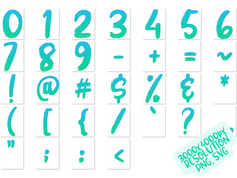 May include: A set of blue and green gradient brushstroke style numbers, symbols, and punctuation marks. The numbers include 0-9, and the symbols include minus, plus, equals, tilde, exclamation point, at symbol, pound sign, dollar sign, percent sign, ampersand, asterisk, left parenthesis, right parenthesis, left bracket, right bracket, forward slash, apostrophe, question mark, quotation marks, semicolon, colon, and less than sign. The text at the bottom of the image reads "3000x4000px RESOLUTION PNG, SVG".