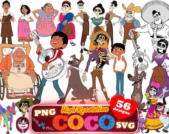 Coco SVG PNG クリップアート バンドル、Coco 昇華バンドル、Coco 漫画映画をテーマにした誕生日パーティー クリップアート png、Coco SVG コレクション高解像度。