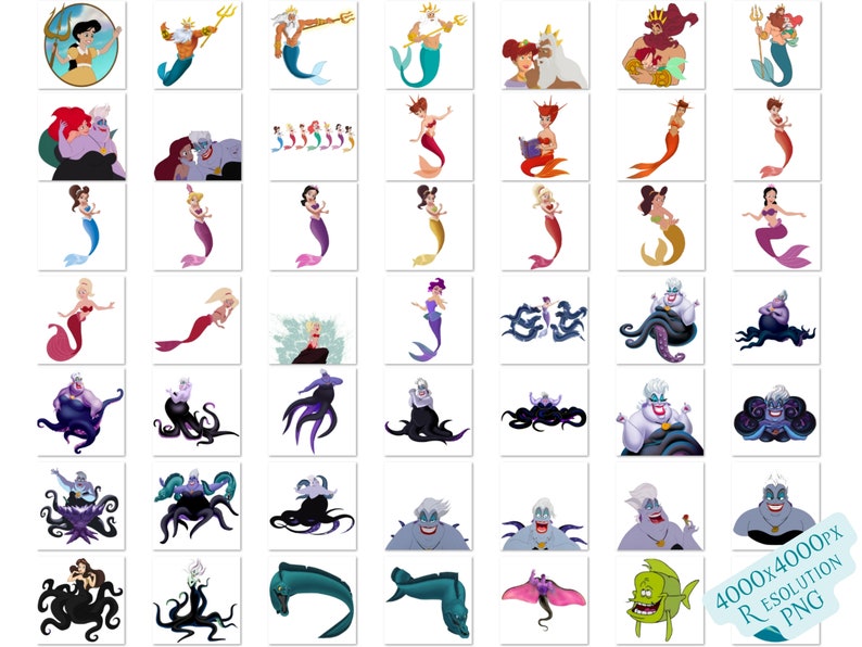 Pode incluir: Uma cole&ccedil;&atilde;o de ilustra&ccedil;&otilde;es digitais com personagens do filme da Disney A Pequena Sereia. As ilustra&ccedil;&otilde;es incluem Ariel, &Uacute;rsula, o Rei Trit&atilde;o e outros personagens do filme. As ilustra&ccedil;&otilde;es s&atilde;o em estilo de desenho animado e s&atilde;o adequadas para uso em uma variedade de projetos.