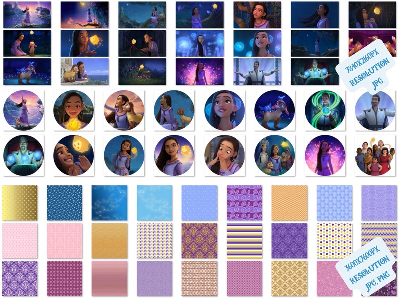 May include: A digital collage of images featuring a young woman with long dark hair, a purple dress, and a glowing orb. The collage also includes images of a man with a beard, a blue and gold patterned background, and a group of people. The text "3600x3600PX RESOLUTION JPG, PNG" is visible in the bottom right corner of the image.