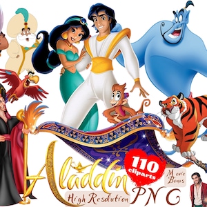 Pacote de cliparts PNG de Aladdin, cliparts de sublimação de desenhos animados PNG de Aladdin, coleção de artes de clipes com tema de filme de Aladdin, imagem PNG da princesa Jasmine