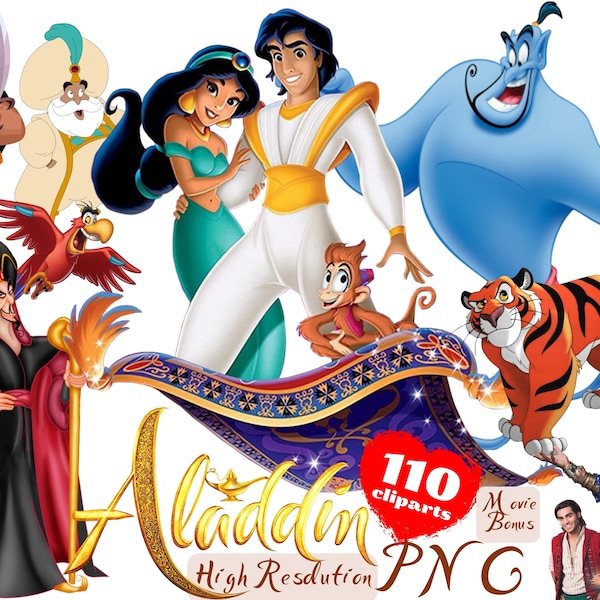 Aladdin PNG Cliparts Bundle, Aladdin PNG Cartoon Sublimation Cliparts, Aladdin Movie Themed Clip Arts Collection, Princess Jasmine PNG Image