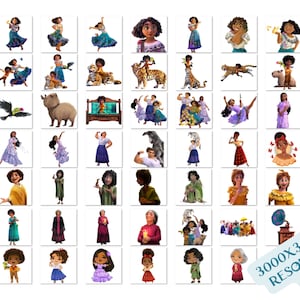 May include: A digital collection of character illustrations from the movie Encanto, featuring various figures in colorful outfits, animals, and scenes arranged in a grid, with the text 3000X3000PX RESOLUTION PNG visible in the bottom right corner.