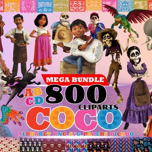 May include: A digital collection of 800 Coco-themed clipart images featuring various characters, including a boy with a white guitar, skeletons, and a dog. The text reads MEGA BUNDLE 800 CLIPARTS COCO ALPHABET PNG SVG PAPERS PICADO.