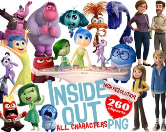 Puede incluir: Una colección de 260 imágenes de clipart de alta resolución de personajes de la película animada Inside Out. Los personajes se representan en varias poses y expresiones, incluyendo Alegría, Tristeza, Ira, Miedo y Asco. El texto "Inside Out" se muestra en letras grandes azules, con las palabras "Todos los personajes PNG" debajo.