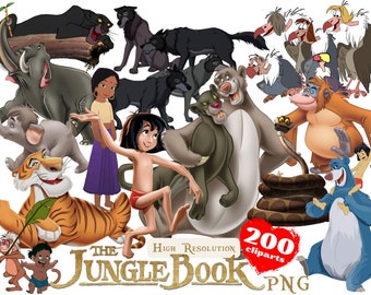 Paquete de imágenes prediseñadas PNG de El Libro de la Selva, paquete de sublimación de El Libro de la Selva, imágenes prediseñadas PNG de fiesta de cumpleaños con temática de la película de dibujos animados de Mowgli El Libro de la Selva
