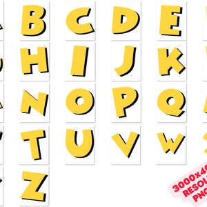 Peut inclure: Lettres de l'alphabet jaunes avec des contours noirs sur un fond blanc. Les lettres sont en majuscules et sont dispos&eacute;es en ordre alphab&eacute;tique.