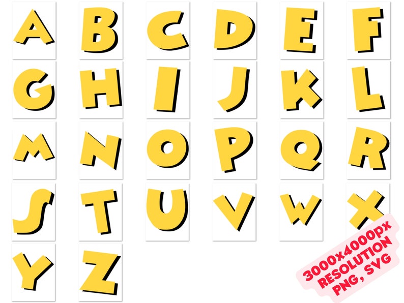 Peut inclure: Lettres de l'alphabet jaunes avec des contours noirs sur un fond blanc. Les lettres sont en majuscules et sont dispos&eacute;es en ordre alphab&eacute;tique.