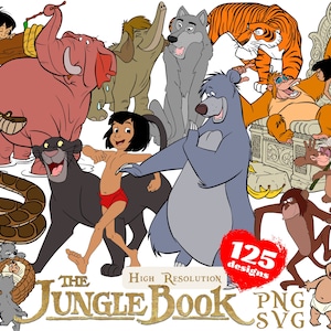 Paquete de imágenes SVG y PNG de El Libro de la Selva, paquete de sublimación de El Libro de la Selva, imágenes prediseñadas para fiesta de cumpleaños con temática de la película de dibujos animados de Mowgli El Libro de la Selva