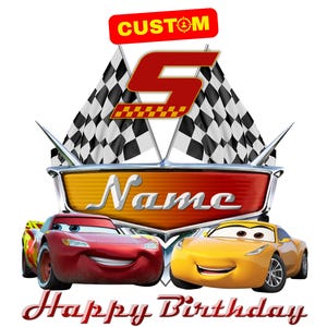Logo PNG personnalisé de voitures, sublimation d'anniversaire originale de voitures, logo de voitures personnalisé avec nom et âge, cliparts de T-Shirt de décoration de gâteau de voitures